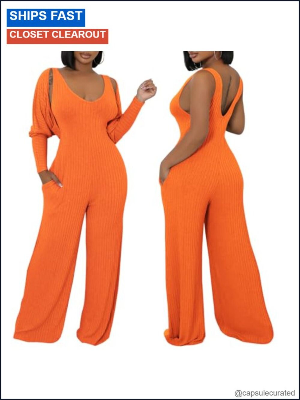 Ribbed Knit 2 Piece Jumpsuit Set Wide Leg Romper with Cardigan